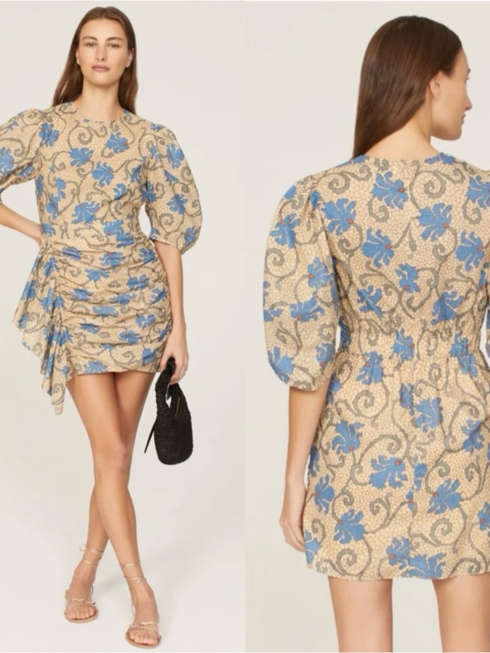 Rhode Mosaic Blossom Pia Dress Women 6 Tan Blue Floral Puff Sleeve Ruched Cotton